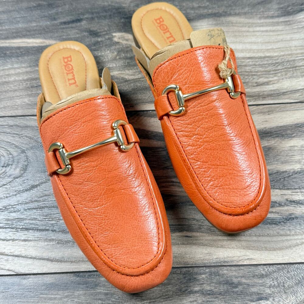 NIB Born Lareina 9M Leather Moc Toe Horsebit Slip On Mules Clog Orange - Picture 4 of 11